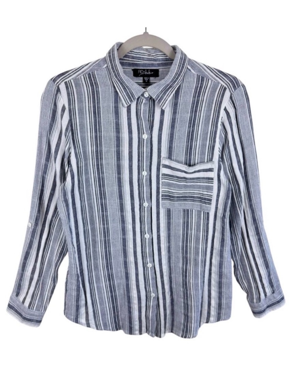 RD & Koko 100% Cotton Gray White Striped Roll Tab Sleeve Button Up Blouse Size M